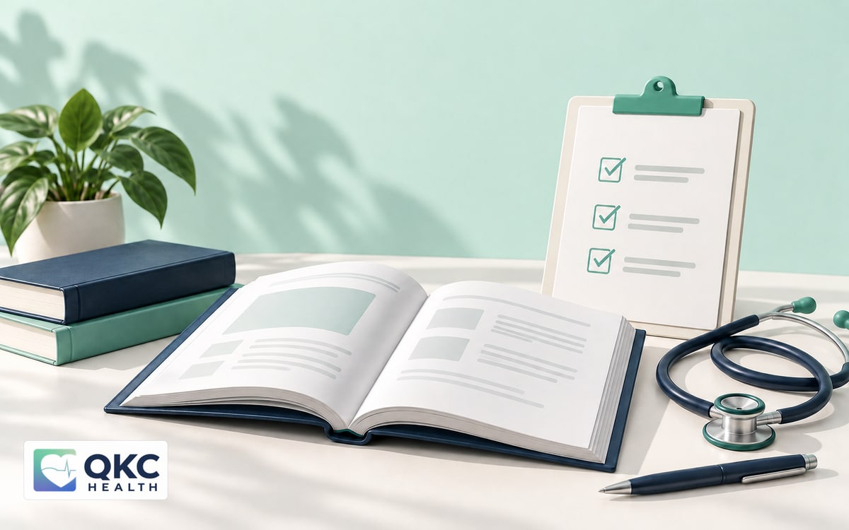 Branded study setup with a provider manual, preparation checklist, and stethoscope.