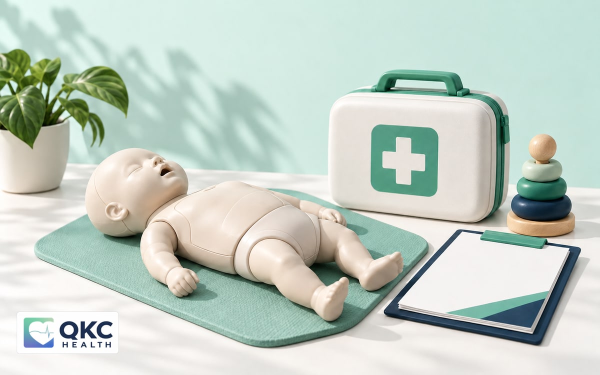 Child care training supplies with an infant CPR mannequin, a first aid kit, and a records checklist.