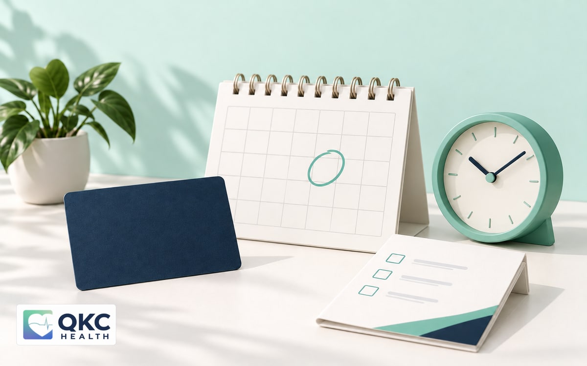 Renewal planning illustration with a calendar, reminder marker, and certification card.