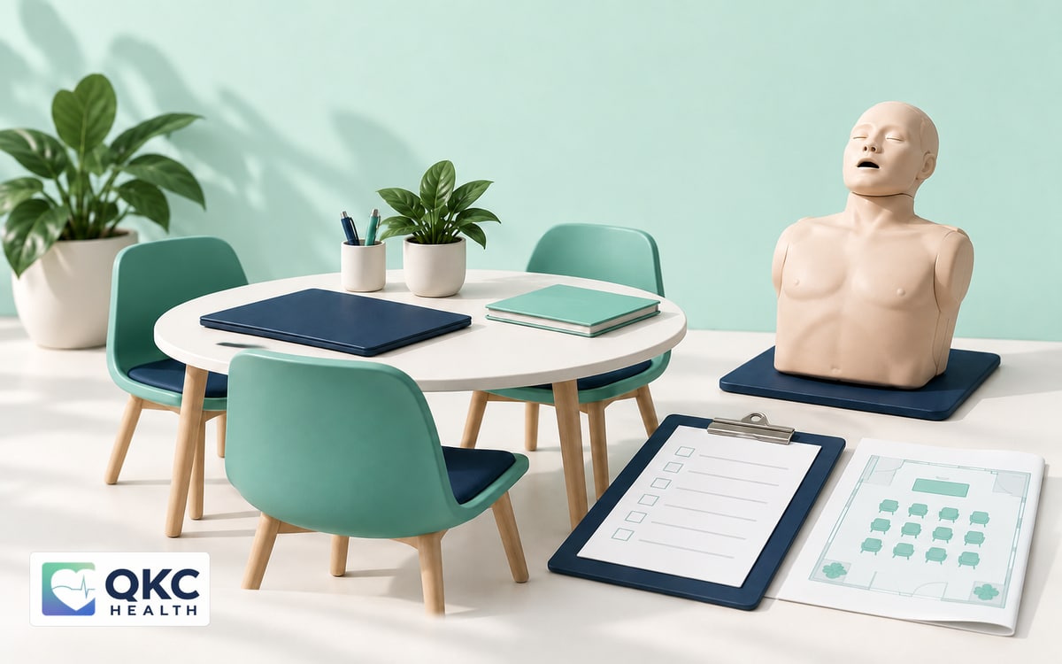 Group training planning illustration with classroom seating, a roster, and CPR practice equipment.