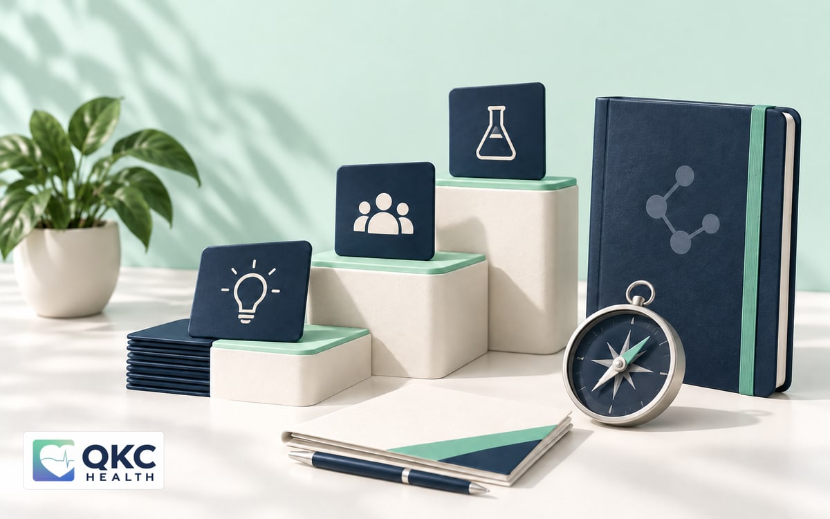 MSL career roadmap illustration with competency cards, a scientific notebook, and three ascending steps.