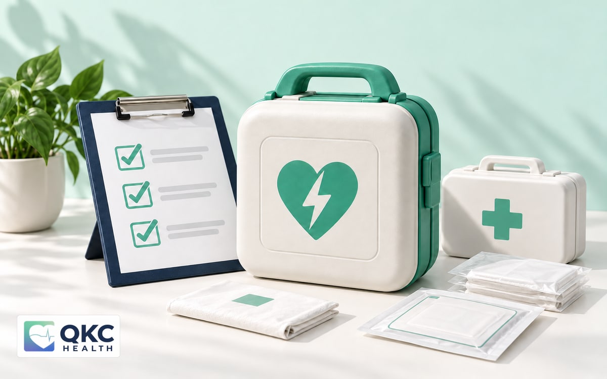 AED readiness illustration with a defibrillator training case, inspection checklist, and first aid supplies.